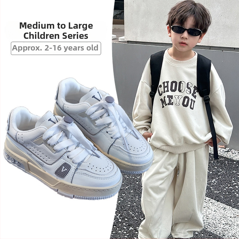 Bērnu baltas ādas sporta kurpes ar zemu augšdaļu, elpojoša sietveida odere, gumijas zole, unisex