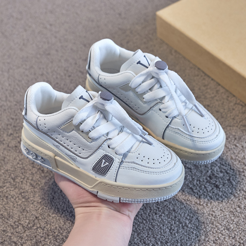 Bērnu baltas ādas sporta kurpes ar zemu augšdaļu, elpojoša sietveida odere, gumijas zole, unisex