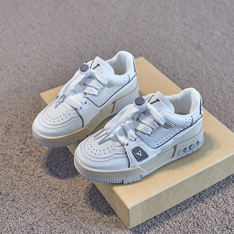 Bērnu baltas ādas sporta kurpes ar zemu augšdaļu, elpojoša sietveida odere, gumijas zole, unisex