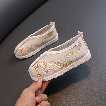 Gyerekeknek szóló kínai stílusú vászoncipő, kézzel készített, etnikus hímzéssel, pamut felsőrész, textil talpbetét, gumírozott talp