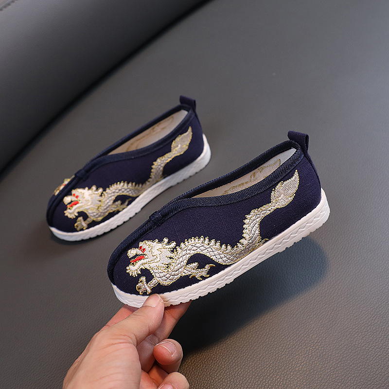 Gyerekeknek szóló kínai stílusú vászoncipő, kézzel készített, etnikus hímzéssel, pamut felsőrész, textil talpbetét, gumírozott talp