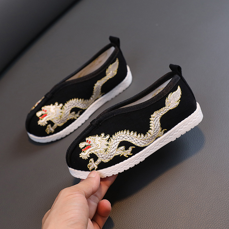 Gyerekeknek szóló kínai stílusú vászoncipő, kézzel készített, etnikus hímzéssel, pamut felsőrész, textil talpbetét, gumírozott talp