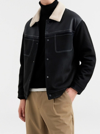 Jachetă bărbătească din suede cu căptușeală fleece, croială lejeră, guler rever, închidere cu nasturi pe un rând, buzunare patch