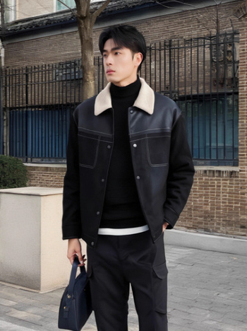 Jachetă bărbătească din suede cu căptușeală fleece, croială lejeră, guler rever, închidere cu nasturi pe un rând, buzunare patch