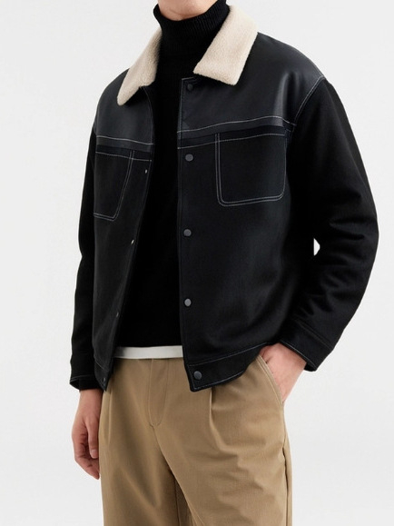 Jachetă bărbătească din suede cu căptușeală fleece, croială lejeră, guler rever, închidere cu nasturi pe un rând, buzunare patch