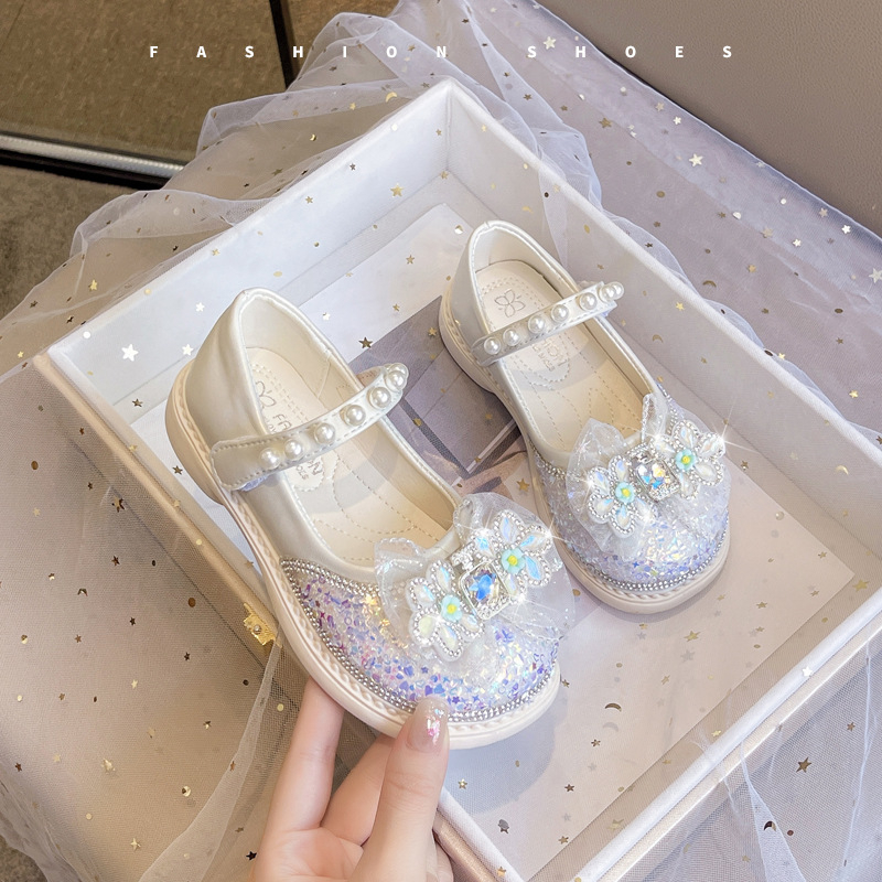 Детски обувки за момичета принцеса от PU кожа, дишащи, флорална шарка, гумена подметка
