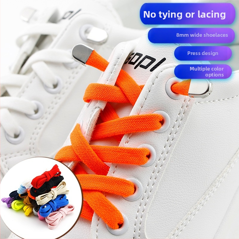 Unisex kurpju šņorēm bez mezgliem 8 mm platumā, ar elastīgu aizdari, divslāņu no spandexa; piemērotas ikdienas apaviem, sporta apaviem, ādas kurpēm un zābakiem visām sezonām