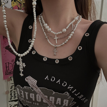 Colier stratificat geometric din aliaj, lungime 41–50 cm