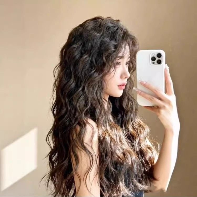 Γυναικεία περούκα σε κορεατικό στυλ με σγουρές μπούκλες και φράντζ, μακριά κυματιστά μαλλιά, θερμοανθεκτικές ίνες