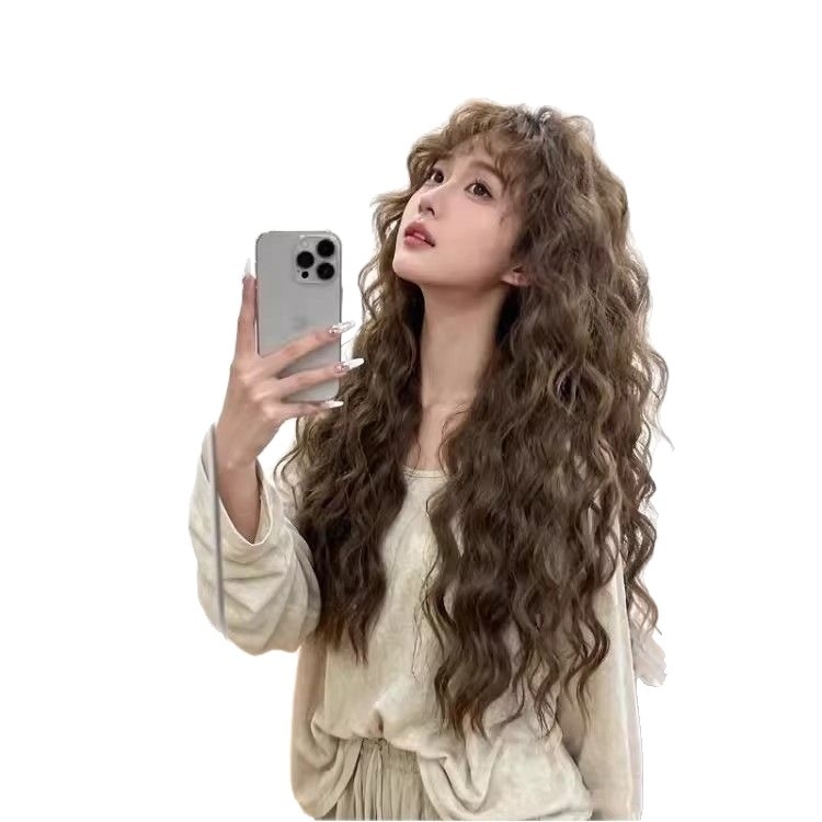 Γυναικεία περούκα σε κορεατικό στυλ με σγουρές μπούκλες και φράντζ, μακριά κυματιστά μαλλιά, θερμοανθεκτικές ίνες