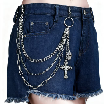 Unisex lanac za struk s više slojeva lanaca, lubanjom i križem, metalni, prilagodljiv