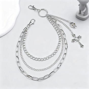 Unisex lanac za struk s više slojeva lanaca, lubanjom i križem, metalni, prilagodljiv