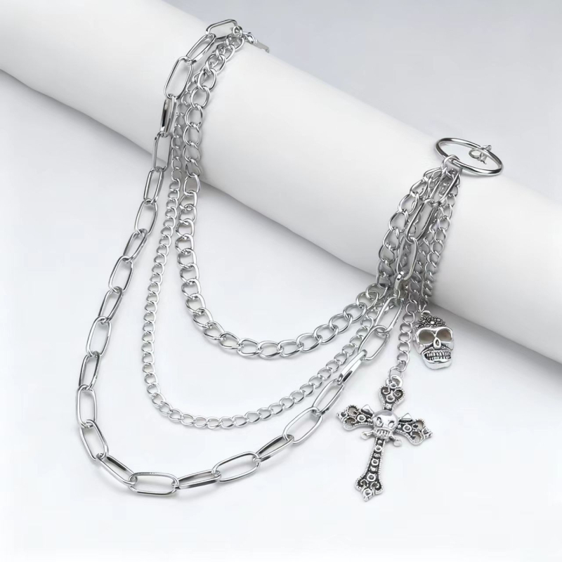Unisex lanac za struk s više slojeva lanaca, lubanjom i križem, metalni, prilagodljiv