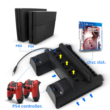 PS4 Slim/Pro aušininimo stovas su dvigubu belaidžio valdiklio įkrovikliu ir optinių diskų laikikliu – ABS
