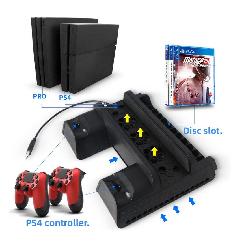 PS4 Slim/Pro aušininimo stovas su dvigubu belaidžio valdiklio įkrovikliu ir optinių diskų laikikliu – ABS