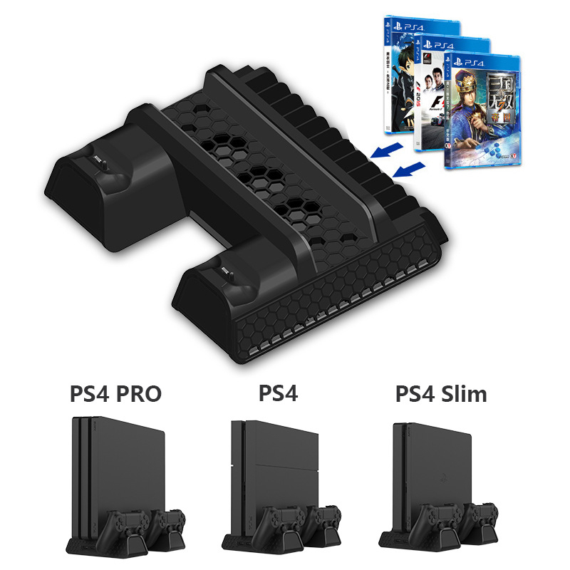 PS4 Slim/Pro aušininimo stovas su dvigubu belaidžio valdiklio įkrovikliu ir optinių diskų laikikliu – ABS