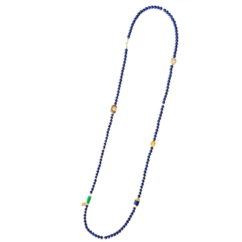 Colier lung din lazurit natural, cu pandantiv în formă de dovleac din ceară de albine și mărgele din lemn de agar, lucrat manual, lanț cu mai multe bucle în stil chinezesc