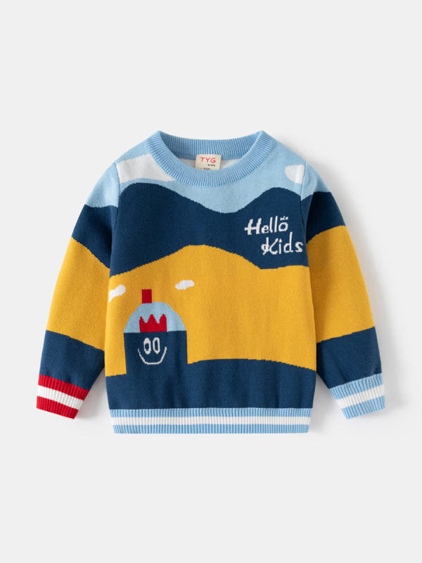 Két rétegű pamut gyerek pulóver, koreai stílus, csíkos és karikatúra mintázat, 67% pamut, kerek nyakú