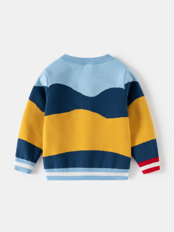 Két rétegű pamut gyerek pulóver, koreai stílus, csíkos és karikatúra mintázat, 67% pamut, kerek nyakú