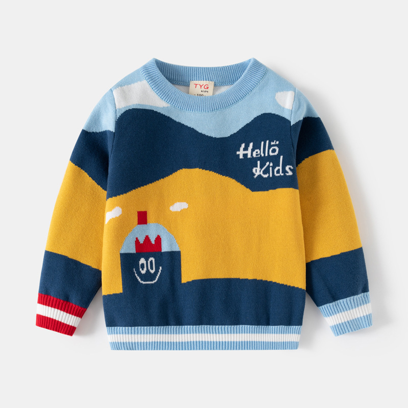 Két rétegű pamut gyerek pulóver, koreai stílus, csíkos és karikatúra mintázat, 67% pamut, kerek nyakú