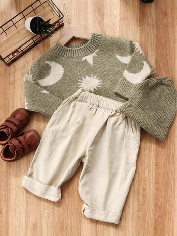 Gyerekeknek szóló kötött pulóver kerek nyakkal, hosszú ujjú, 100% pamut, rajzfilm mintával, 3–8 éveseknek