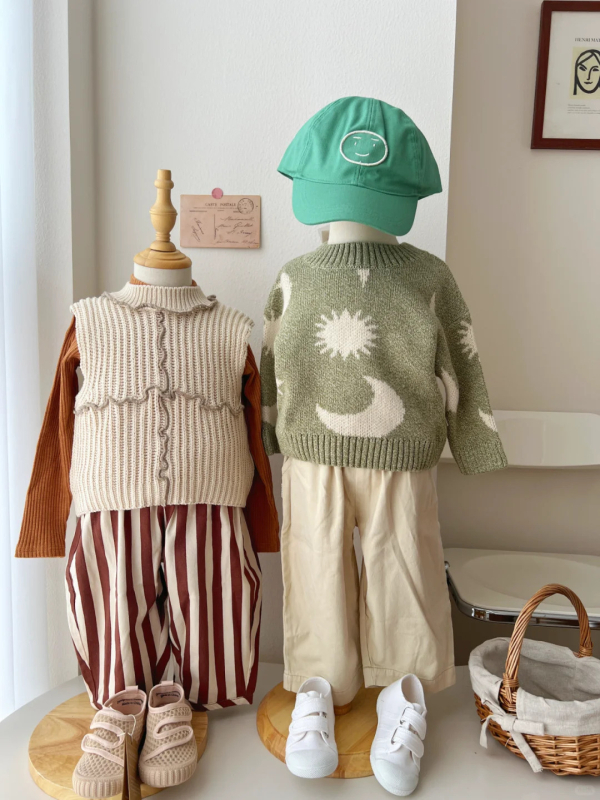 Gyerekeknek szóló kötött pulóver kerek nyakkal, hosszú ujjú, 100% pamut, rajzfilm mintával, 3–8 éveseknek