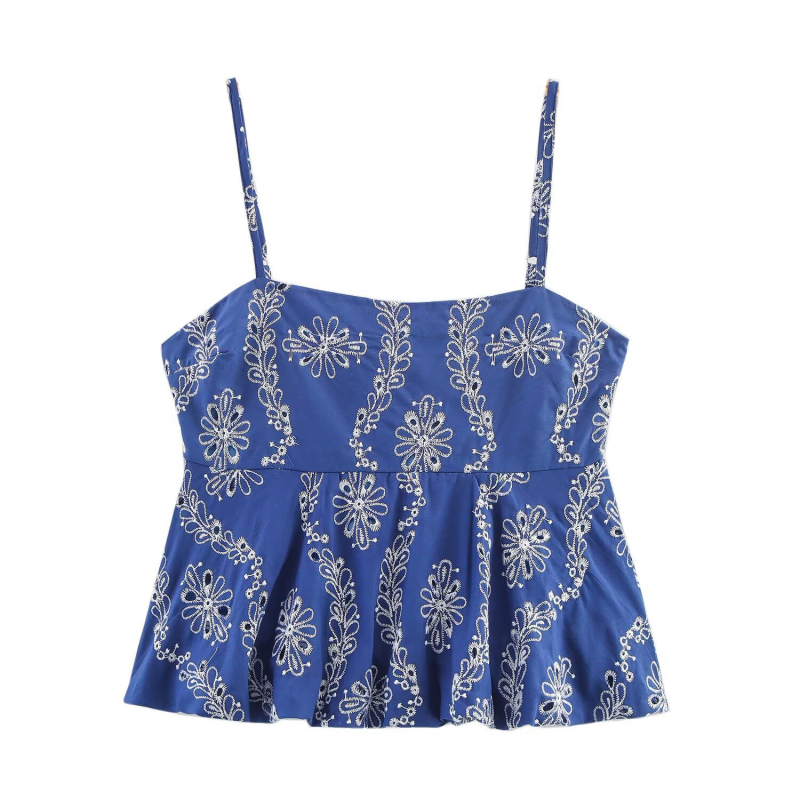 PB&ZA Cami s trakicama, cvjetnim vezom, pamuk-spandeks smjesa (80-90% pamuka), ljeto 2025