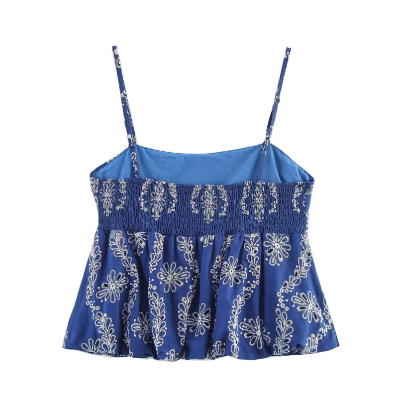 PB&ZA Cami s trakicama, cvjetnim vezom, pamuk-spandeks smjesa (80-90% pamuka), ljeto 2025