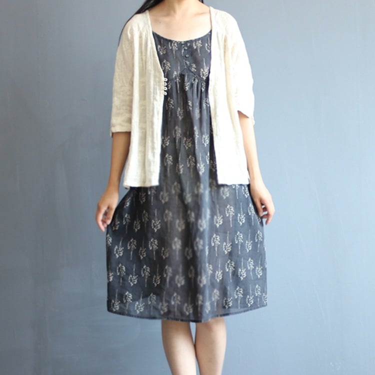 Ženska lanena haljina s trakama, cvjetni print, slobodan kroj, 50–70% lana, literarno retro stil