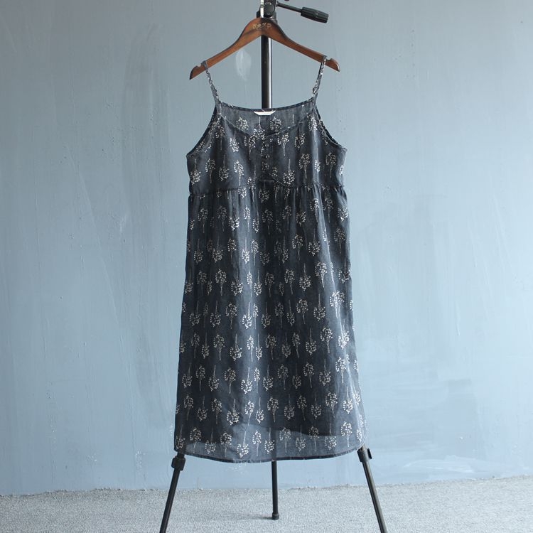 Ženska lanena haljina s trakama, cvjetni print, slobodan kroj, 50–70% lana, literarno retro stil