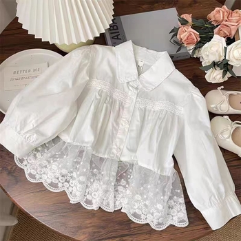 Dječji dvodijelni komplet: bluza s čipkom i traperice, korejski stil, dugi rukavi, mekana poliesterska mješavina tkanine, za djecu od 3 do 8 godina