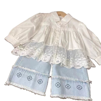 Dječji dvodijelni komplet: bluza s čipkom i traperice, korejski stil, dugi rukavi, mekana poliesterska mješavina tkanine, za djecu od 3 do 8 godina