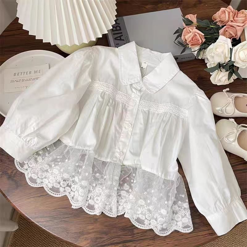 Dječji dvodijelni komplet: bluza s čipkom i traperice, korejski stil, dugi rukavi, mekana poliesterska mješavina tkanine, za djecu od 3 do 8 godina