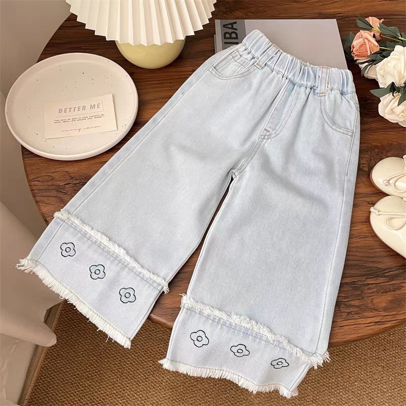 Dječji dvodijelni komplet: bluza s čipkom i traperice, korejski stil, dugi rukavi, mekana poliesterska mješavina tkanine, za djecu od 3 do 8 godina