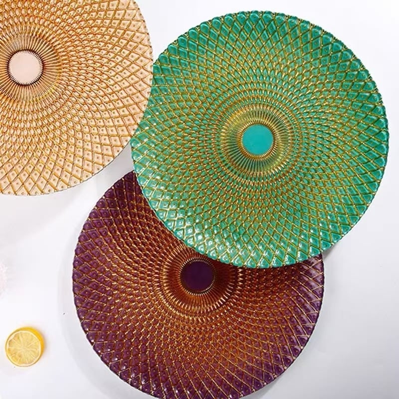 Staklena okrugla ploča zapadnog stila, lagani luksuzan završetak, elektroplatirana površina, otisak logotipa opcijski, prilagodba dostupna