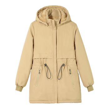 Ženska jakna srednje dužine s kapuljačom, punjenje: imitation silk cotton; glavni materijal: poliester; duljina: srednja; zatvaranje: zip; dugi rukavi; casual stil