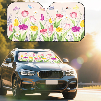 Univerzális autós napvédő első szélvédőhöz, poliészter, szívócsészékkel rögzítés, virágos minta, pasztorális stílus