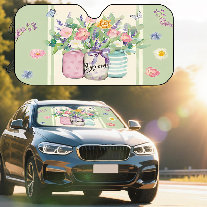 Univerzális autós napvédő első szélvédőhöz, poliészter, szívócsészékkel rögzítés, virágos minta, pasztorális stílus