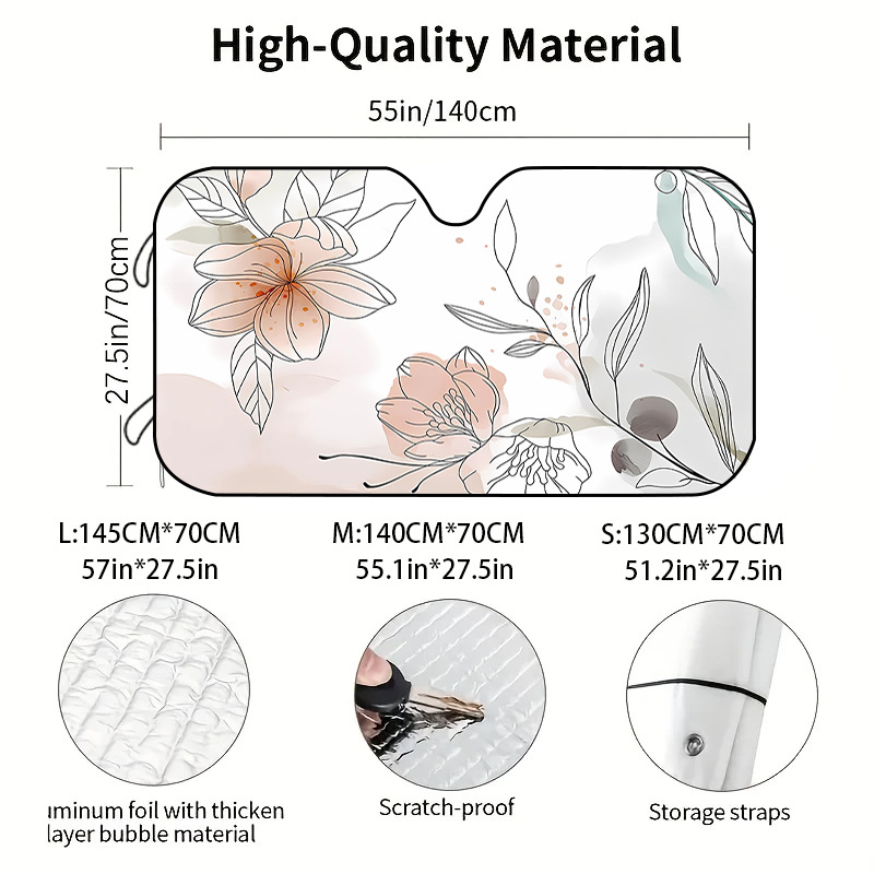 Univerzális autós napvédő első szélvédőhöz, poliészter, szívócsészékkel rögzítés, virágos minta, pasztorális stílus