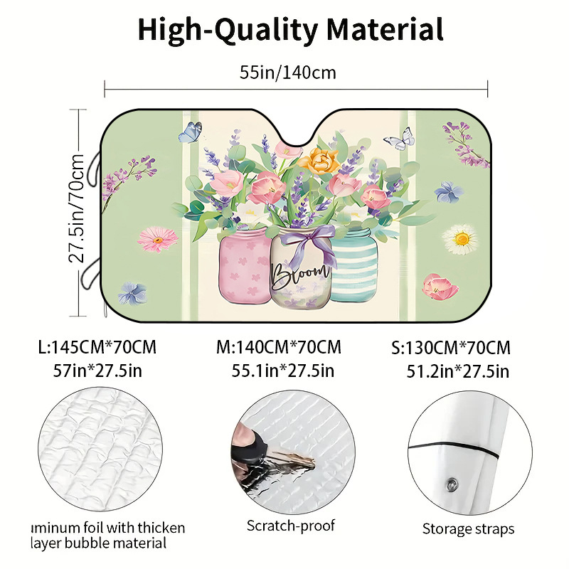 Univerzális autós napvédő első szélvédőhöz, poliészter, szívócsészékkel rögzítés, virágos minta, pasztorális stílus