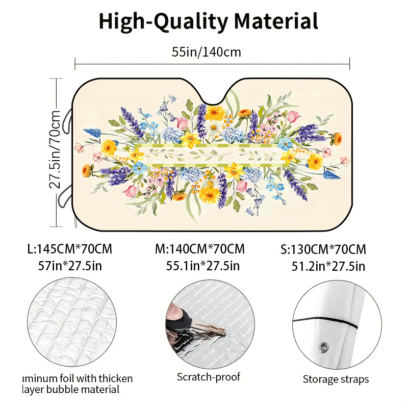 Univerzális autós napvédő első szélvédőhöz, poliészter, szívócsészékkel rögzítés, virágos minta, pasztorális stílus