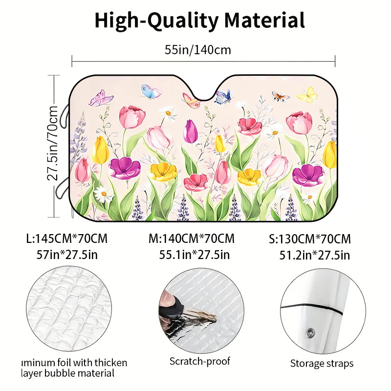 Univerzális autós napvédő első szélvédőhöz, poliészter, szívócsészékkel rögzítés, virágos minta, pasztorális stílus