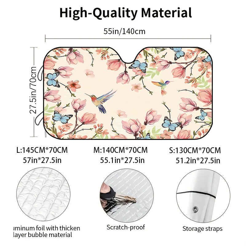 Univerzális autós napvédő első szélvédőhöz, poliészter, szívócsészékkel rögzítés, virágos minta, pasztorális stílus