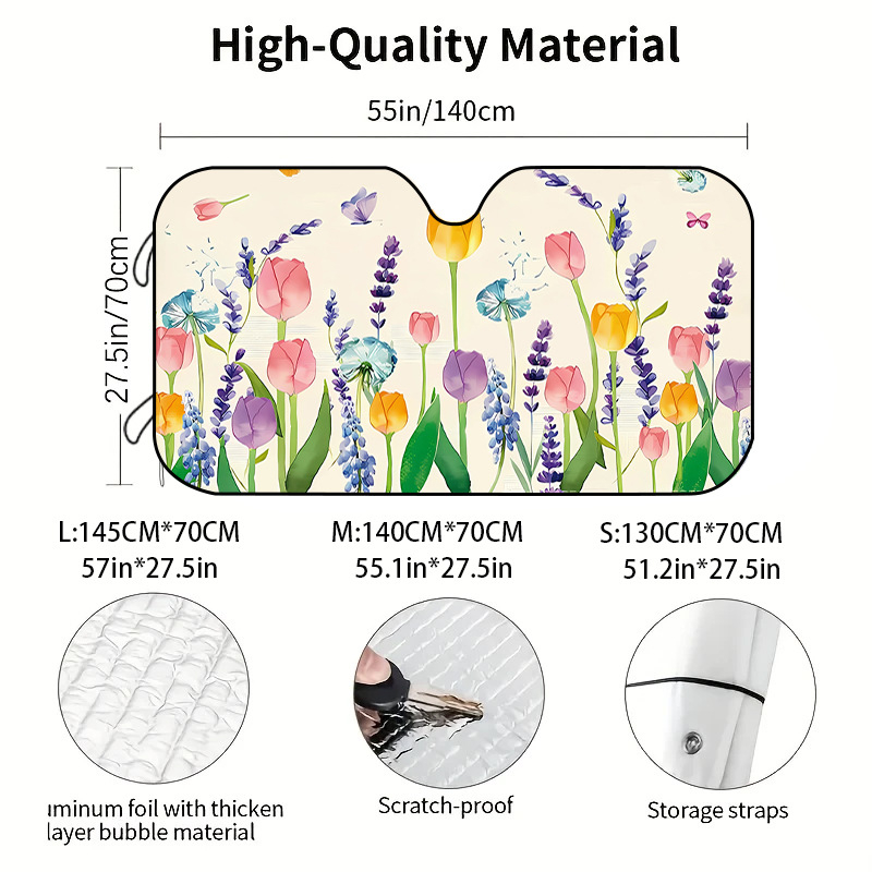 Univerzális autós napvédő első szélvédőhöz, poliészter, szívócsészékkel rögzítés, virágos minta, pasztorális stílus