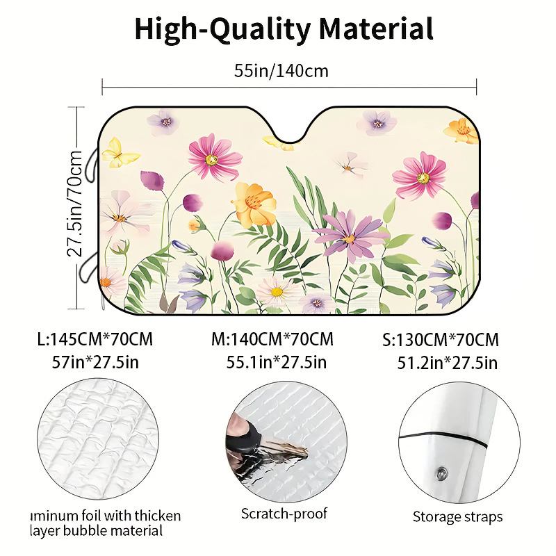 Univerzális autós napvédő első szélvédőhöz, poliészter, szívócsészékkel rögzítés, virágos minta, pasztorális stílus