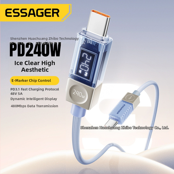 Essager USB-C καλώδιο δεδομένων με ψηφιακή οθόνη, 100W/240W, κράμα ψευδαργύρου, USB-C σε USB-C, για κινητά τηλέφωνα, tablets και φορητούς υπολογιστές