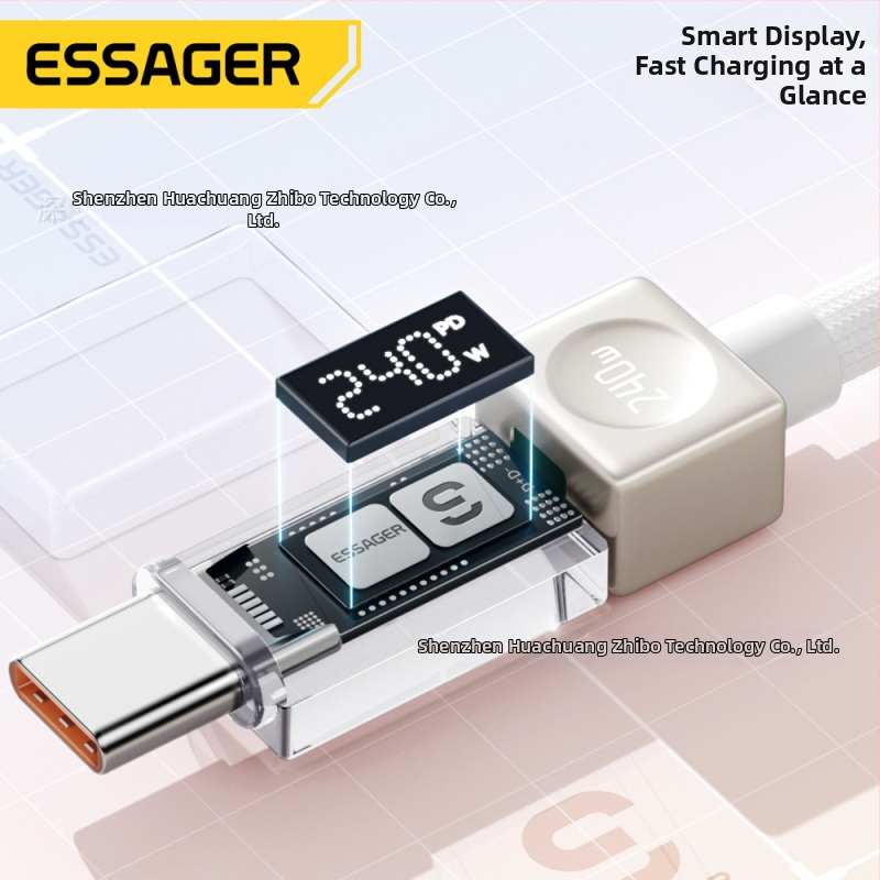 Essager USB-C καλώδιο δεδομένων με ψηφιακή οθόνη, 100W/240W, κράμα ψευδαργύρου, USB-C σε USB-C, για κινητά τηλέφωνα, tablets και φορητούς υπολογιστές