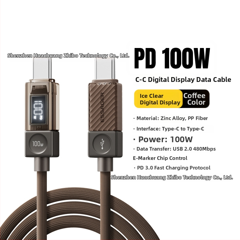 Essager USB-C καλώδιο δεδομένων με ψηφιακή οθόνη, 100W/240W, κράμα ψευδαργύρου, USB-C σε USB-C, για κινητά τηλέφωνα, tablets και φορητούς υπολογιστές