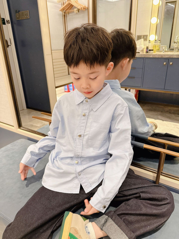 Cămașă Oxford pentru copii, mânecă lungă, guler tip lapel, culoare solidă, amestec 65% bumbac 35% poliester