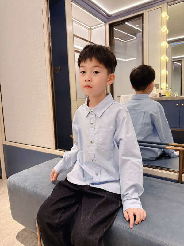 Cămașă Oxford pentru copii, mânecă lungă, guler tip lapel, culoare solidă, amestec 65% bumbac 35% poliester